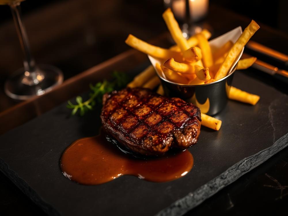 Grilled steak with parmesan-truffle fries