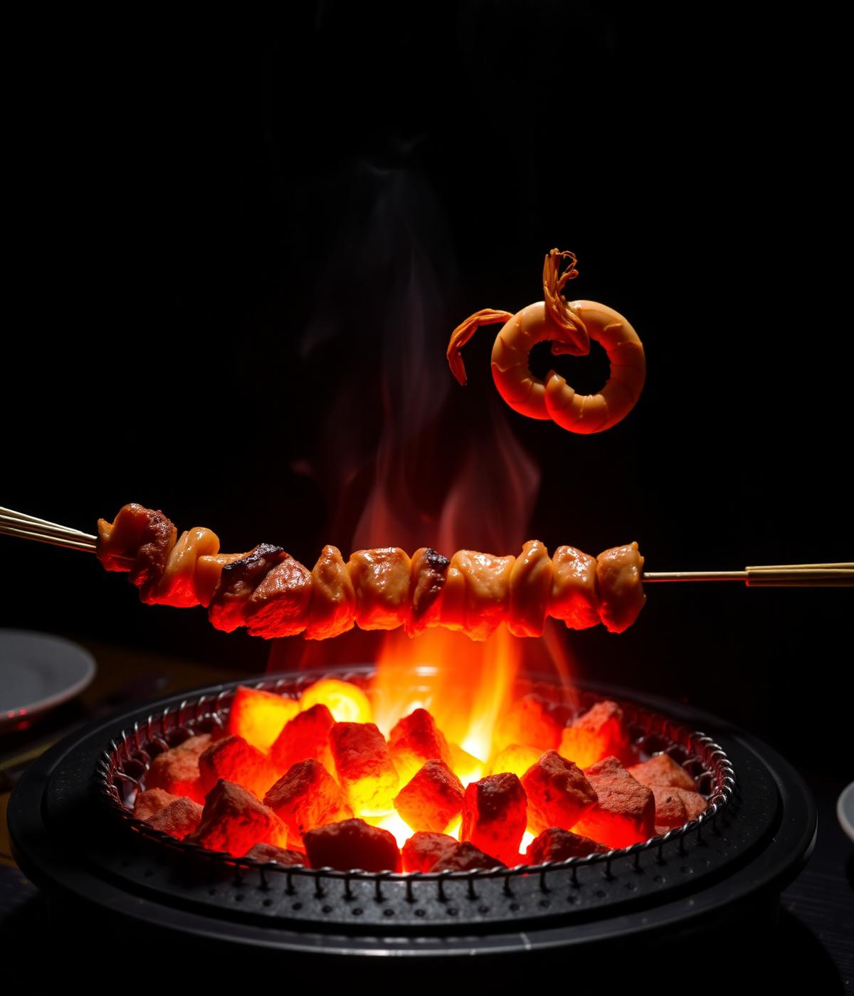 Skewers of meat and shrimp grilling over glowing coals at a table-top grill