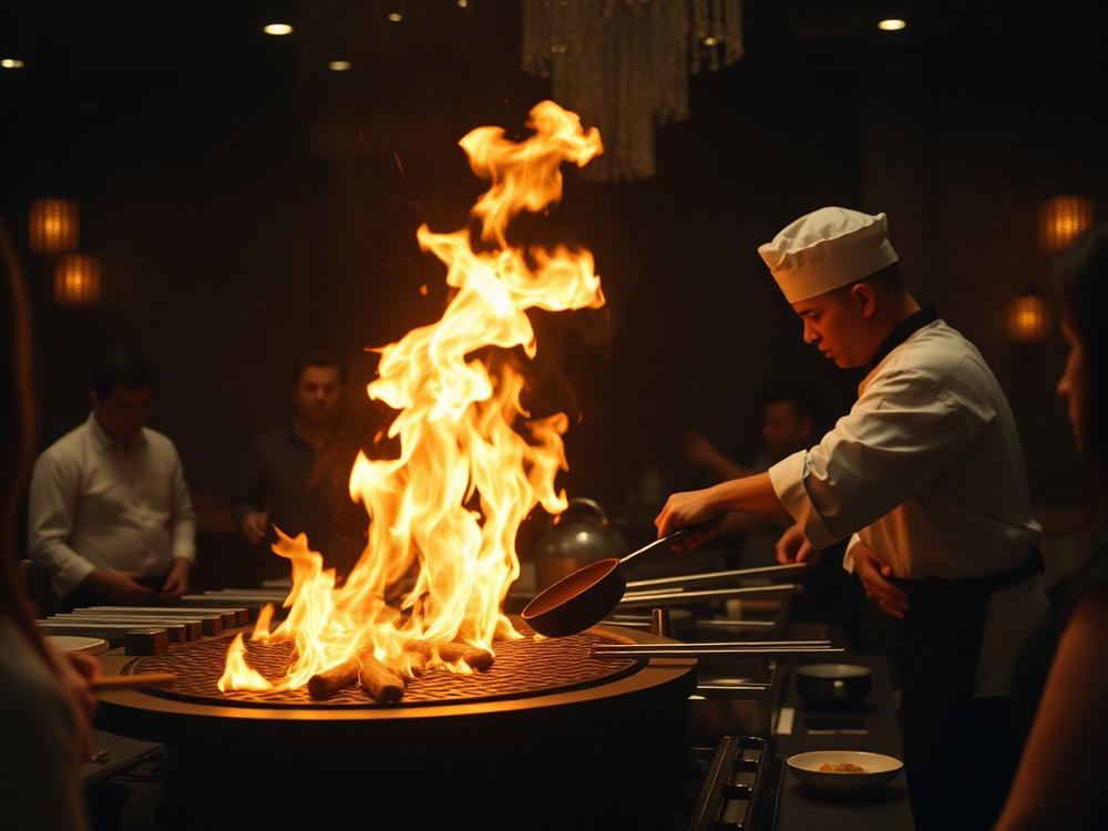 Hibachi chef cooking teppanyaki-style in front of guests