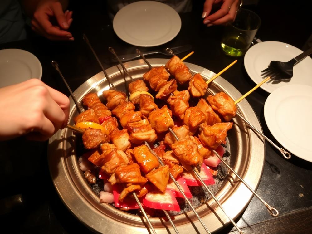 Skewers cooking over coals in the table-top grill